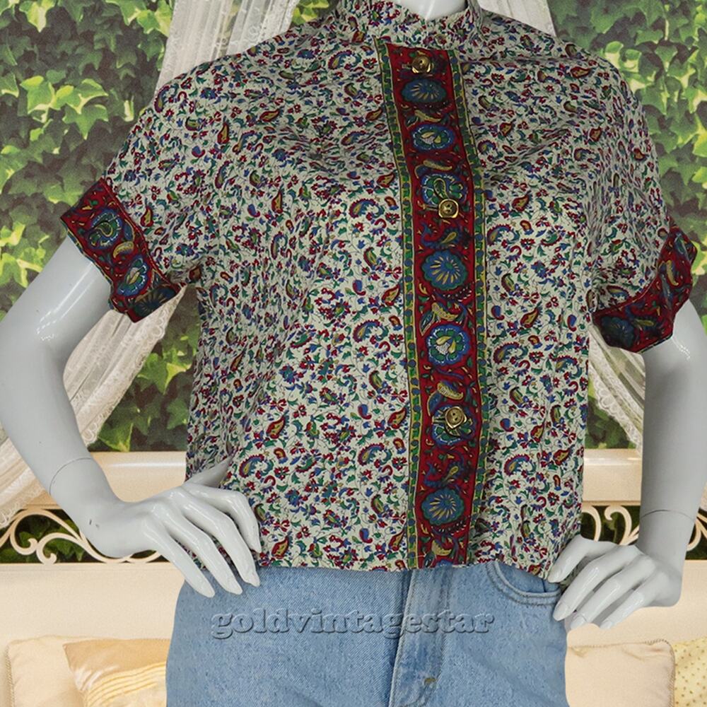 70s Vintage Paisley Floral Print Crop Top Shirt Blouse L